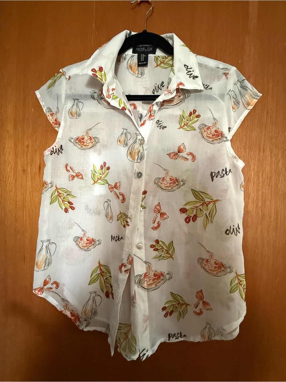Rachel Zoe White Short Sleeve Button Front Shirt with Olive & Orange Print
